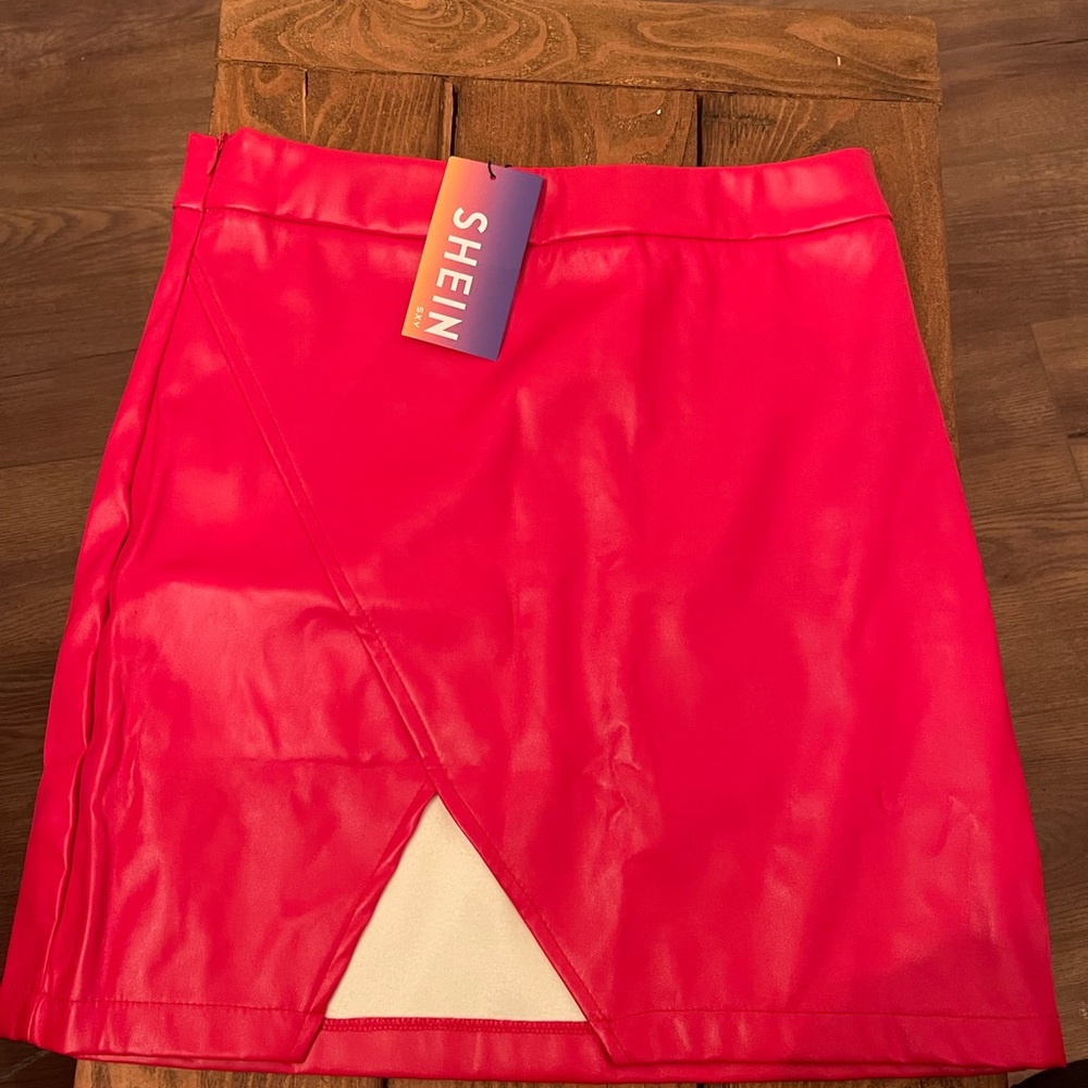 Red faux leather mini skirt